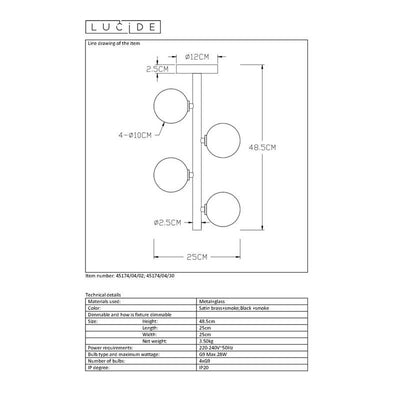 Lucide TYCHO LED taklampa 4xG9 socklar 220-240V Ø25cm Sandmässing & Svart Vintage Design