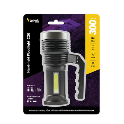 Technik handhållen strålkastare C20 XPE+COB LED 300 lumen uppladdningsbar 18650 batteri USB IPX2 Vit