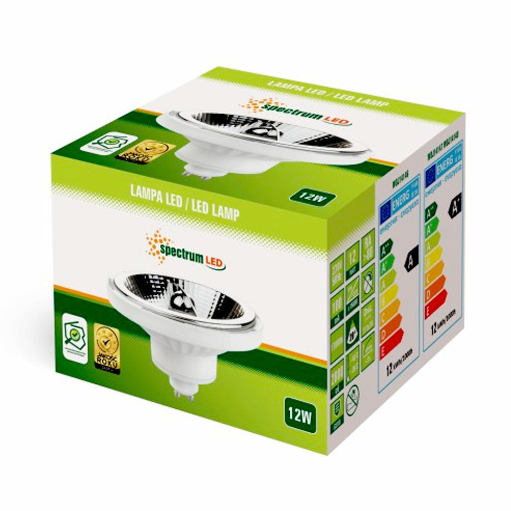 Spectrum LED Spot GU10 AR111 12W 3000K Varmvit 800 lumen 20° spridning 230V ej dimbar