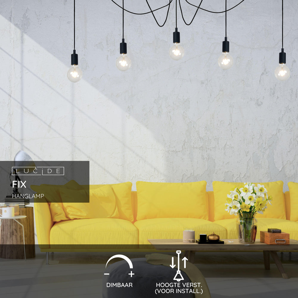 Lucide FIX modern hanging lamp, 5xE27 sockets, Black metal, round design, adjustable height, IP20