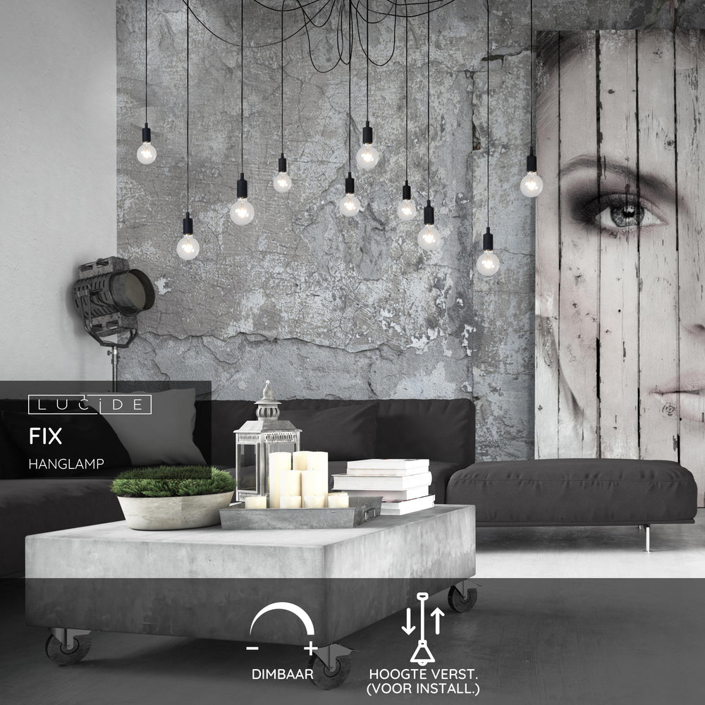 Lucide FIX multi hanging light, 10xE27 sockets, Black metal frame, adjustable height, modern ceiling lamp