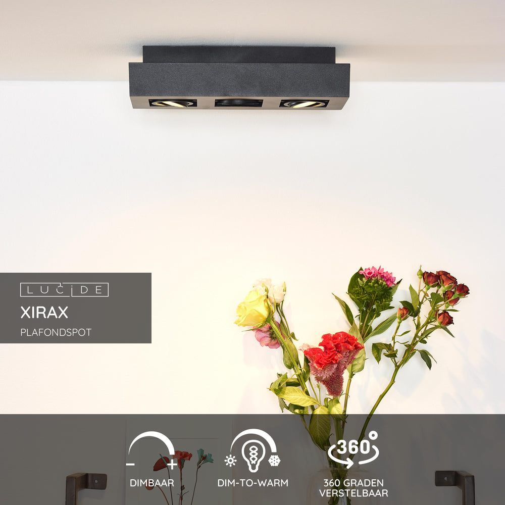 Lucide XIRAX LED takspotlight, 3x5W GU10, dim to warm 2200K-3000K, IP20, Sand Black aluminium