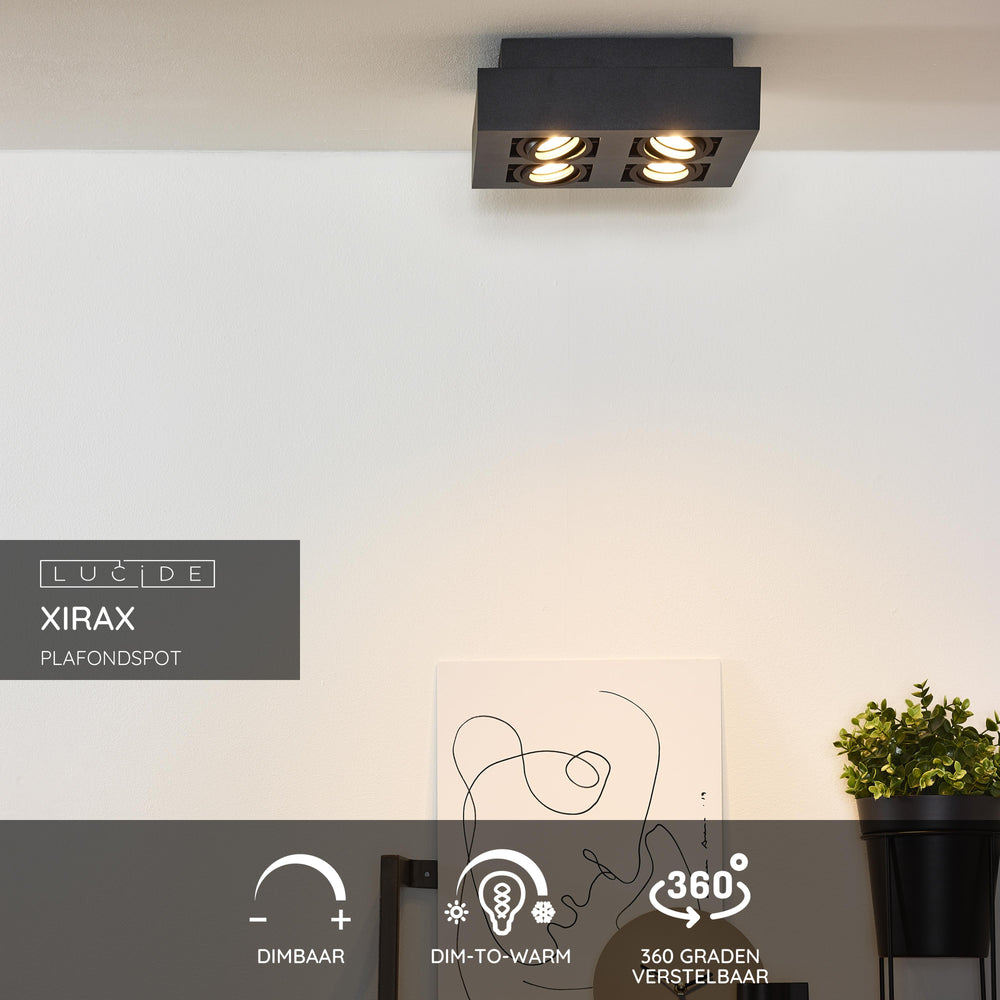 Lucide XIRAX LED takspotlight 4x5W GU10 dim to warm 2200K-3000K Svart aluminium modern fyrkantig IP20