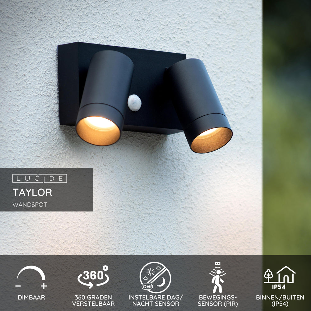 Lucide TAYLOR vägglampa med 2xGU10, IP54 rörelsesensor, sand-svart aluminium modern utomhusspot