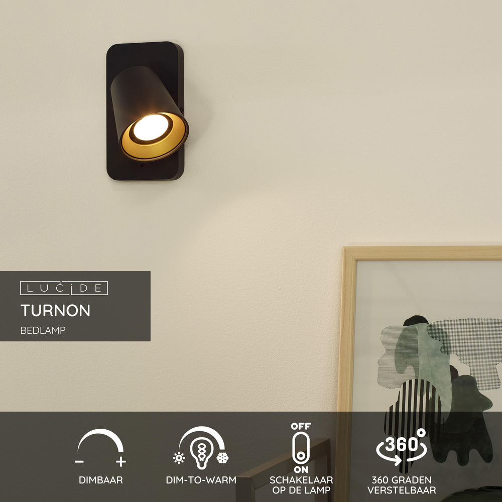 Lucide TURNON LED wall light Black/Gold 1x5W GU10 2200K-3000K dim to warm aluminium modern design IP20