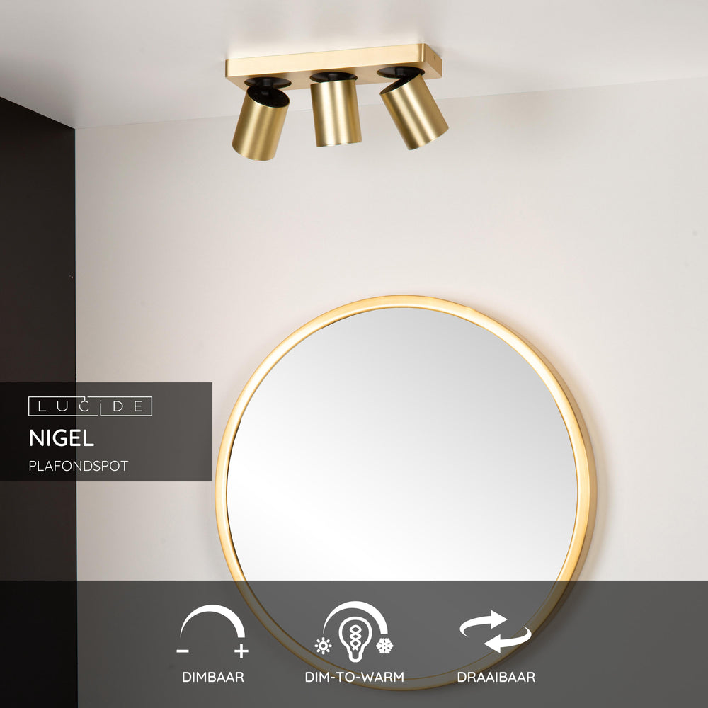 Lucide NIGEL LED takspotlight, 3x5W GU10 dim to warm 2200K-3000K, justerbar borstad guldaluminium
