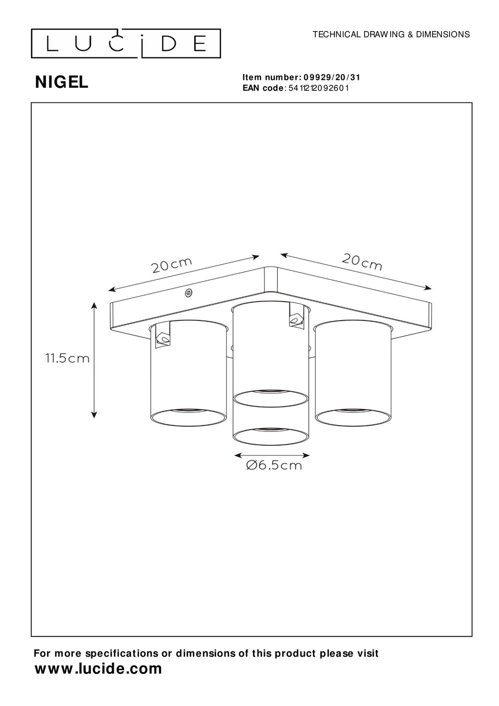 Lucide NIGEL LED ceiling spotlight, 4x5W GU10 dim to warm 2200K-3000K, square White aluminum, IP20