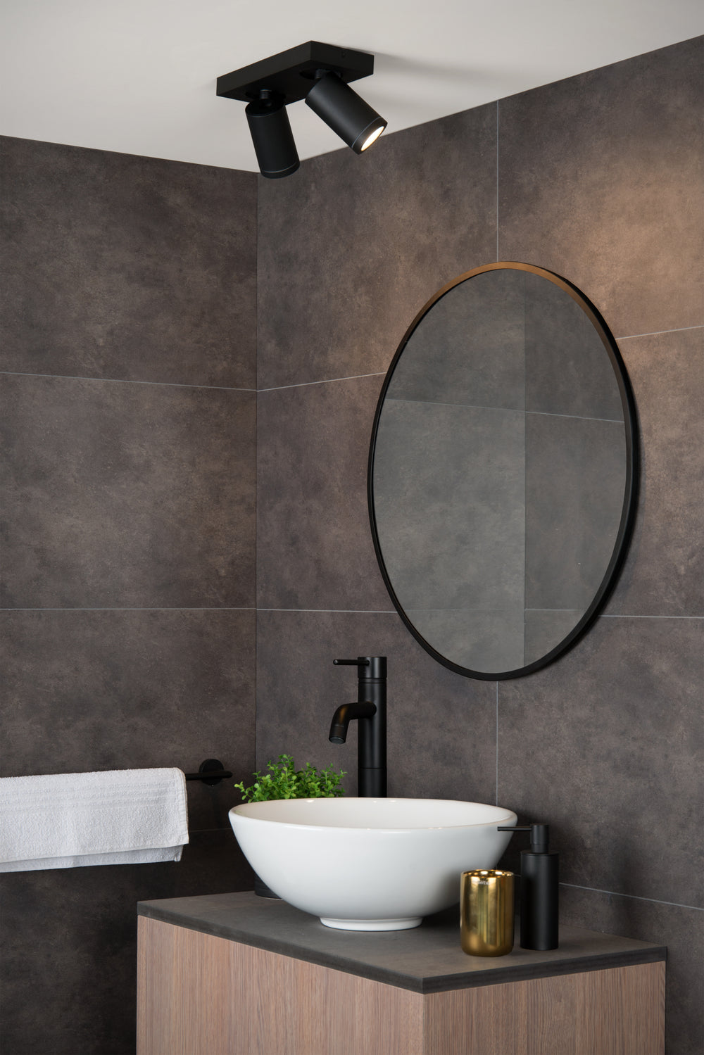 Lucide TAYLOR LED ceiling spotlight, 2x5W GU10 dim to warm 2200K-3000K, IP44 bathroom light Black