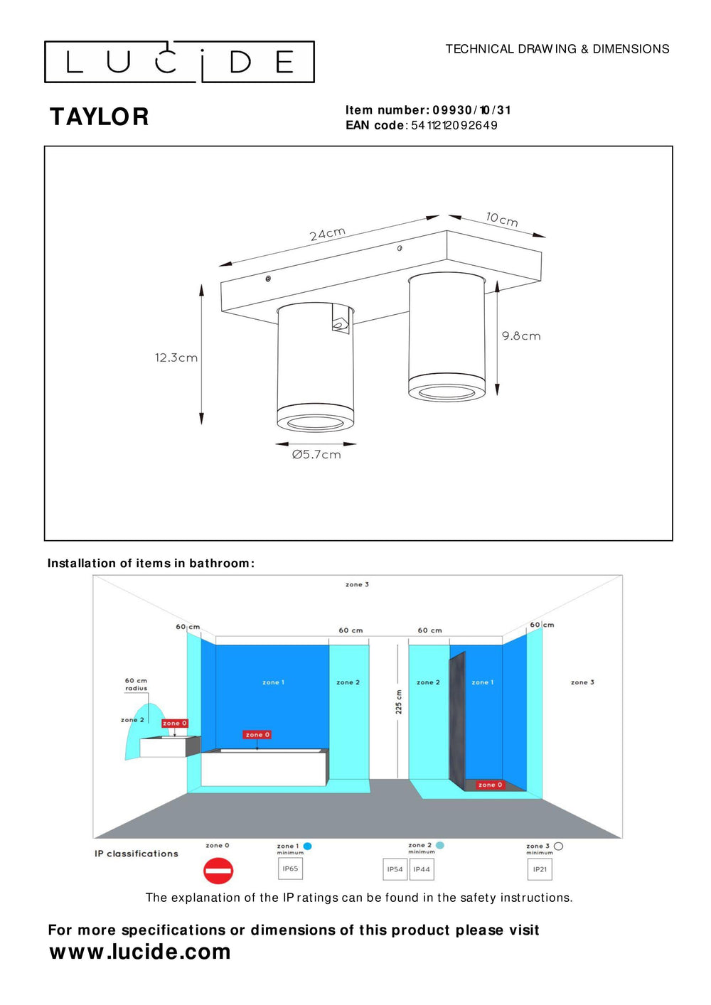 Lucide TAYLOR LED badrumstakspotlight, 2x5W GU10, 2200K-3000K dim to warm, IP44 Sandvit
