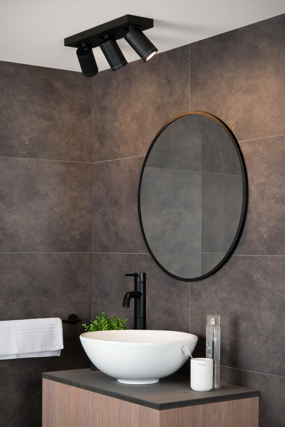 Lucide Taylor LED ceiling spot for bathroom, 3x5W GU10 dim to warm 2200K-3000K, IP44, Sand Black