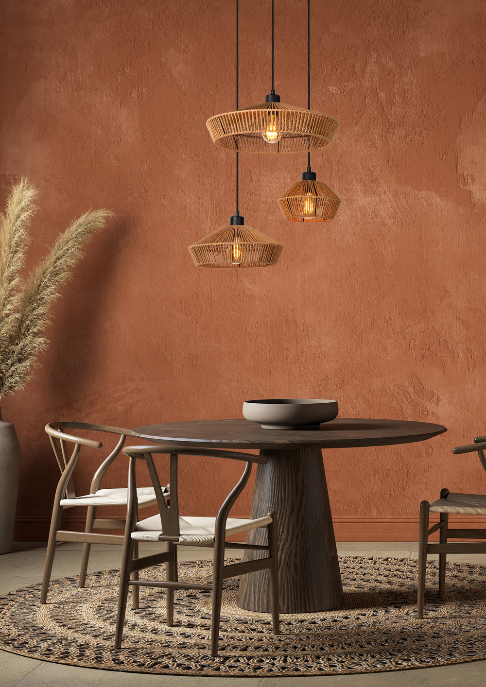 Lucide YUNKAI hänglampa Ø60cm, 3xE27, naturlig pappersskärm, svart takkåpa, skandinavisk stil, IP20