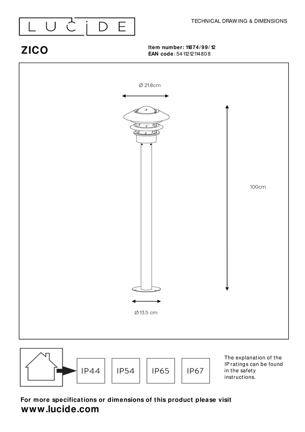 Lucide Zico utomhus lyktstolpe, IP44 rostfritt stål, 1xE27 60W max, 1000mm höjd klassisk design