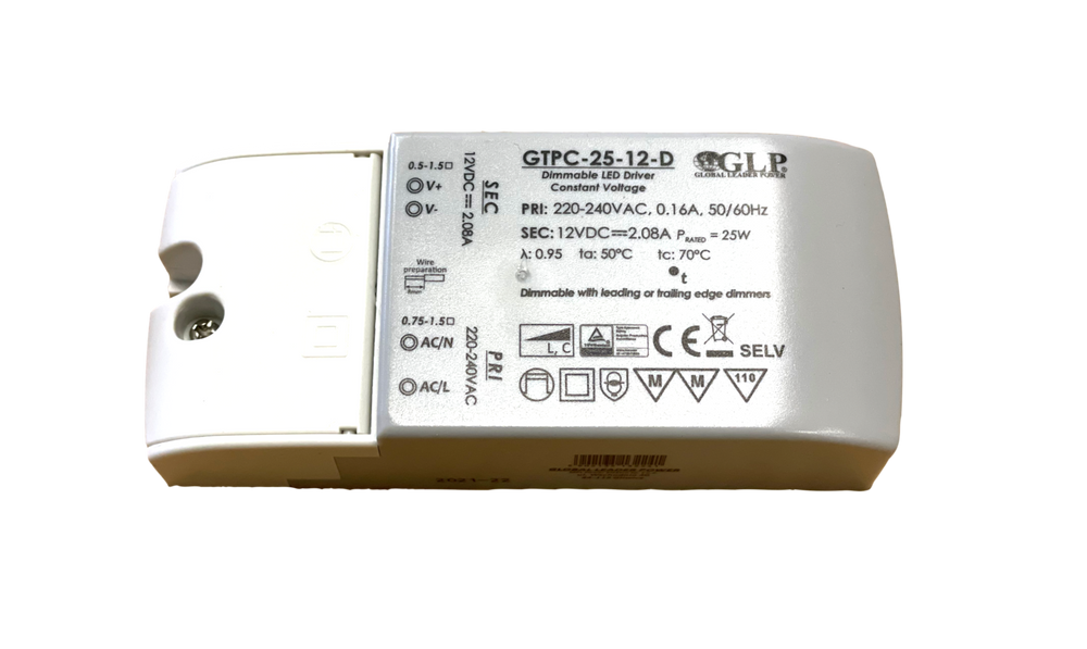 GLP LED strömförsörjning 12V 25W 2.08A dimbar driver för 12V LED-belysning, IP20, CE RoHS certifierad