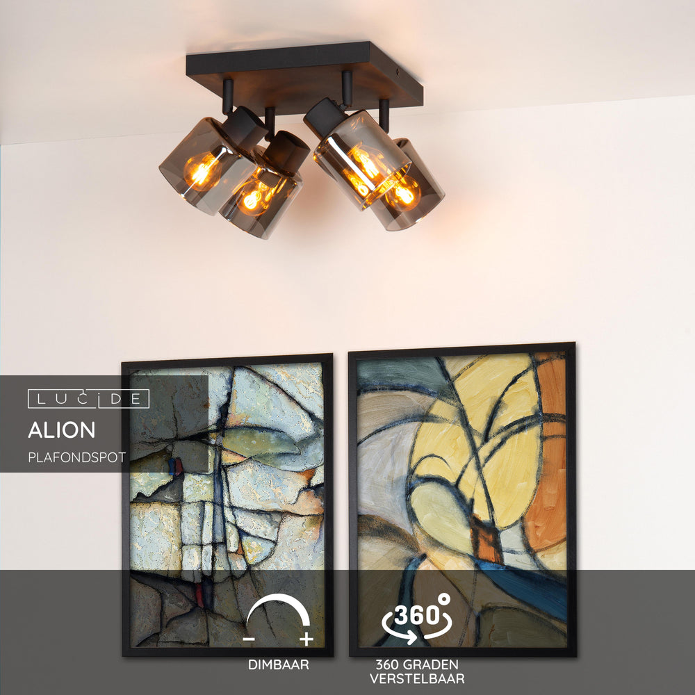 Lucide ALION takspotlight 4xE14 Svart, justerbar 360°, dimbar inomhus retro metall fyrkantig IP20