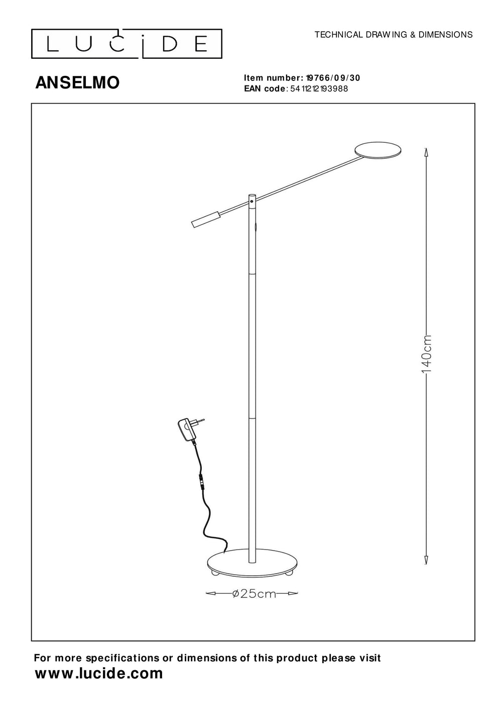Lucide ANSELMO LED reading floor lamp, 9W 3000K dimmable, 1400mm height, Sandy Matt Black, Metal, IP20