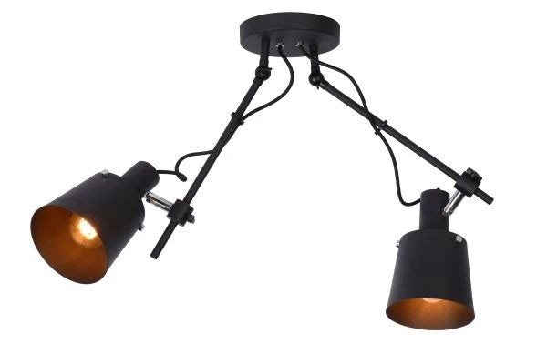 Lucide QUINNY takspotlight 2xE27 Svart stål, roterbar och lutbar, IP20 inomhus belysning i industriell stil