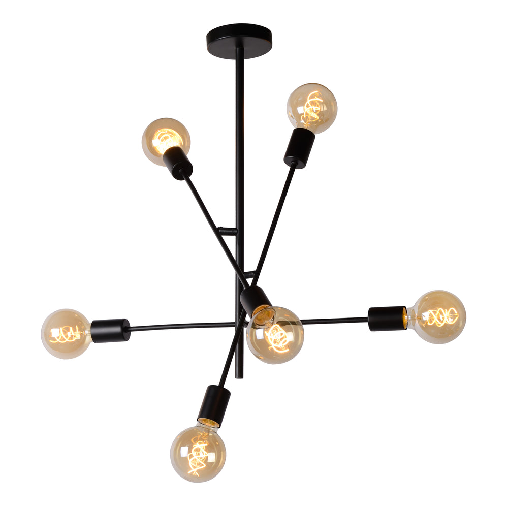 Lucide LESTER ceiling light, 6xE27 sockets, 220-240V, dimmable, modern metal design in Matt Black, IP20