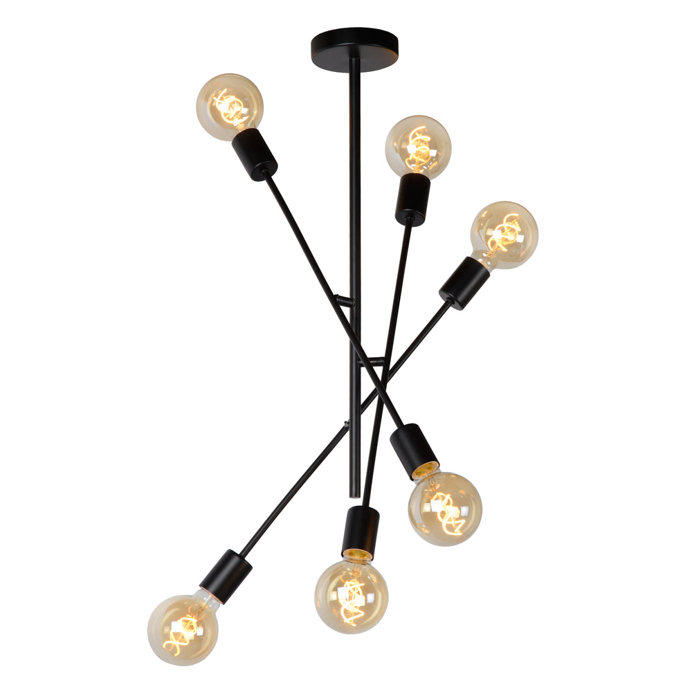 Lucide LESTER ceiling light, 6xE27 sockets, 220-240V, dimmable, modern metal design in Matt Black, IP20