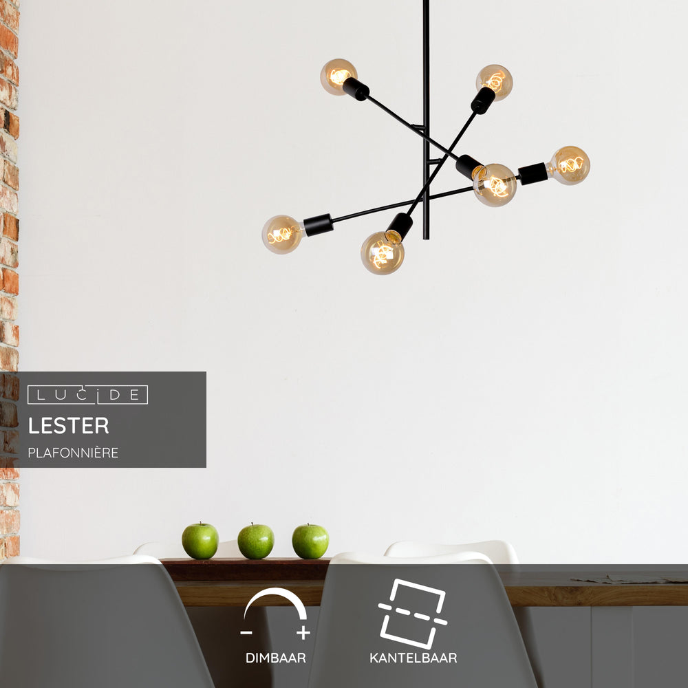 Lucide LESTER ceiling light, 6xE27 sockets, 220-240V, dimmable, modern metal design in Matt Black, IP20
