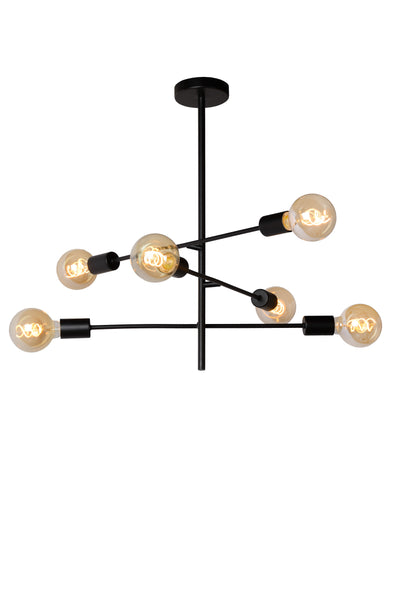 Lucide LESTER ceiling light, 6xE27 sockets, 220-240V, dimmable, modern metal design in Matt Black, IP20