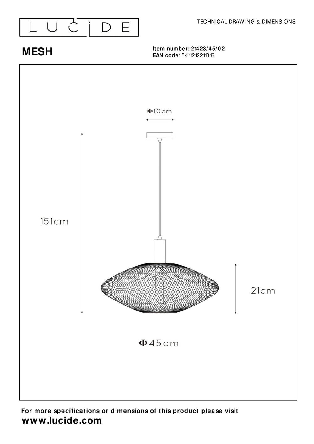 Lucide Mesh hanging lamp 45 cm, E27 socket, adjustable height, metal in matt black and sandy gold, IP20