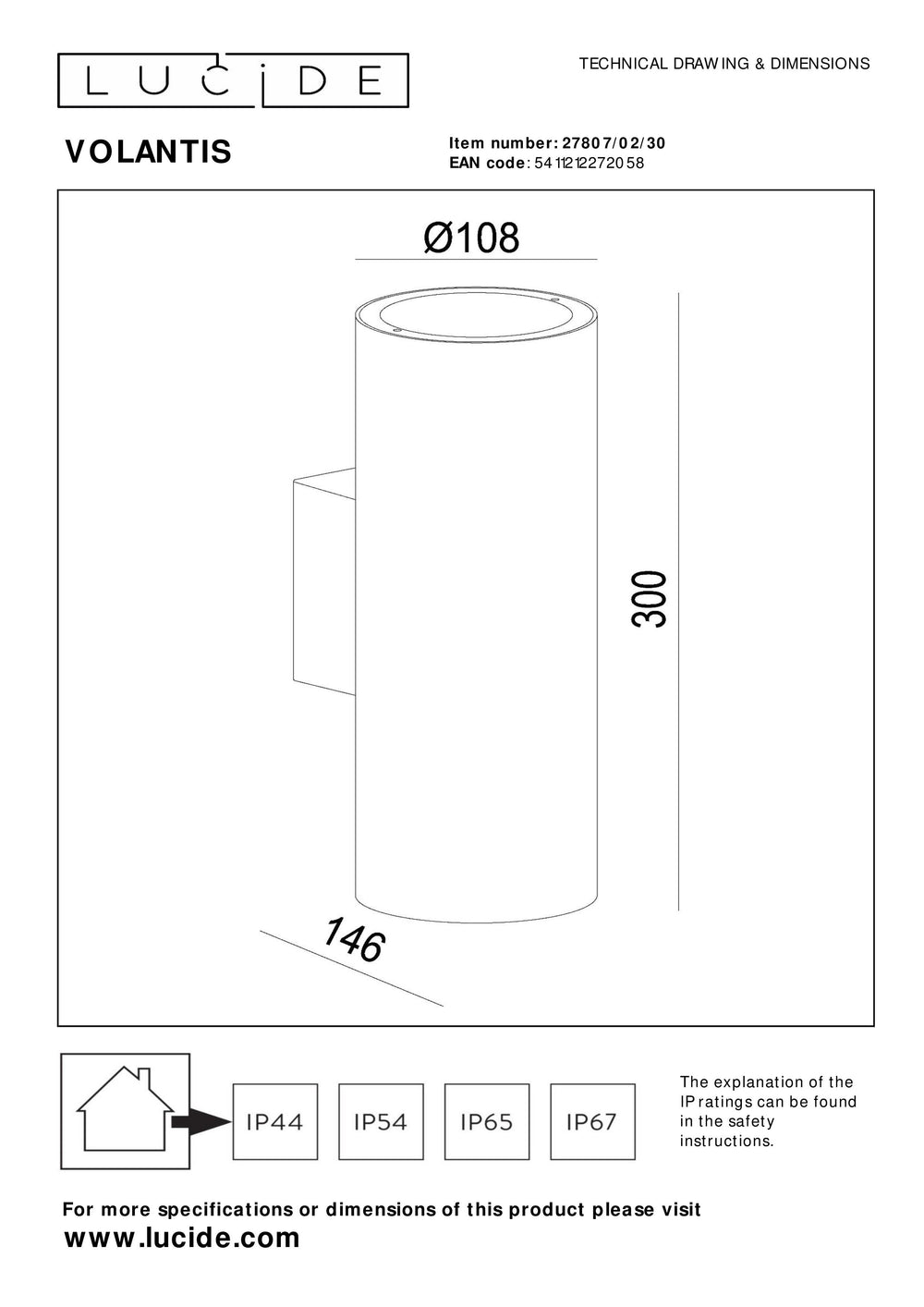 Lucide VOLANTIS Svart utomhus vägglampa, 2xE27, IP54, uplight & downlight, modern aluminiumcylinder