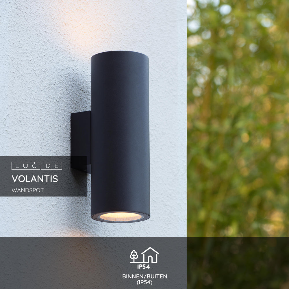 Lucide VOLANTIS Svart utomhus vägglampa, 2xE27, IP54, uplight & downlight, modern aluminiumcylinder