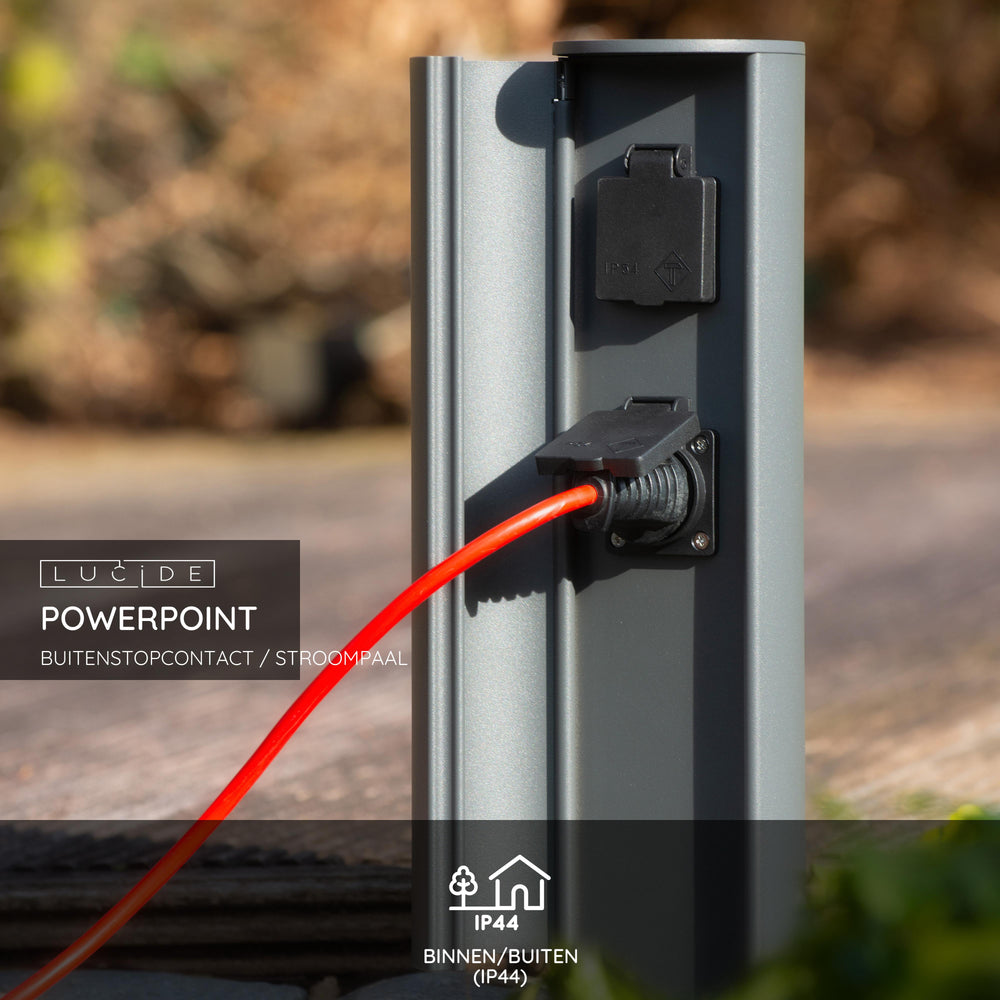 Lucide utomhus elstolpe med uttag IP44, Typ F jordat uttag, aluminium antracitfinish, 40 cm höjd