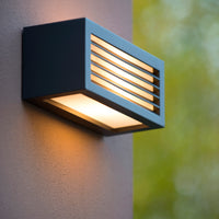 Lucide DIMO vägglampa Antracit, inomhus utomhus, E27-sockel, IP54, rektangulärt aluminiumhölje