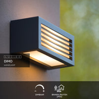 Lucide DIMO vägglampa Antracit, inomhus utomhus, E27-sockel, IP54, rektangulärt aluminiumhölje