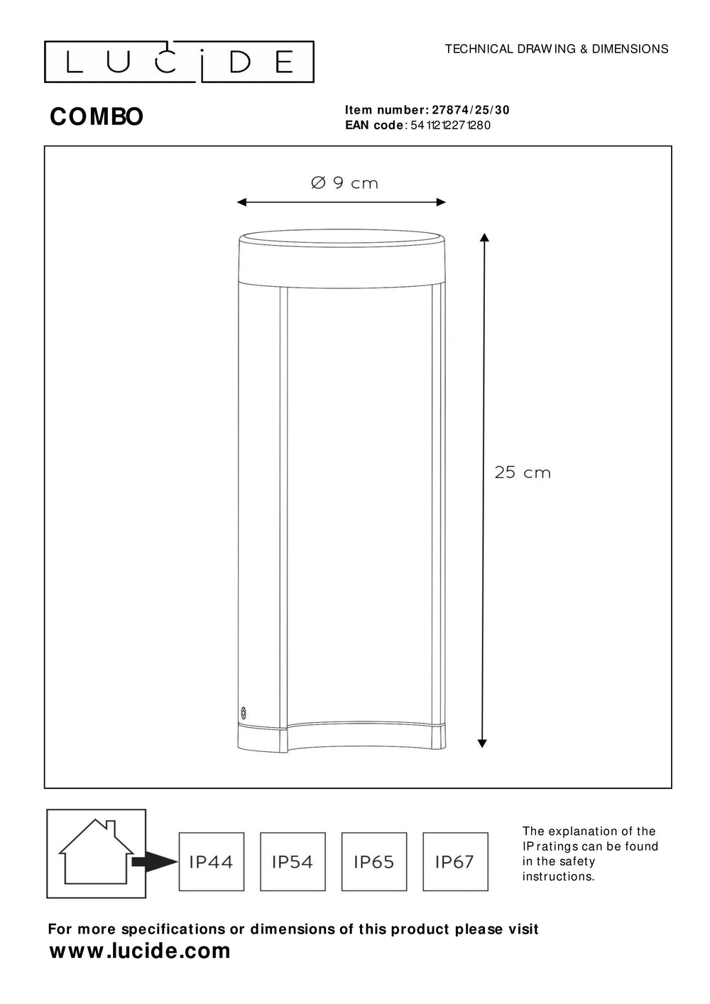 Lucide COMBO LED trädgårdspelarbelysning, 9W 3000K, IP54 Svart aluminium, 250mm modern utomhuspollare