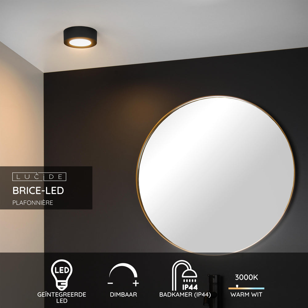 Lucide BRICE LED badrumstaklampa, rund 8W dimbar 3000K IP44 Matt Svart Ø117mm