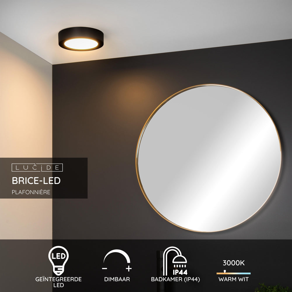 Lucide BRICE LED badrumstaklampa, 12W 3000K dimbar, IP44 rund Svart Ø18cm