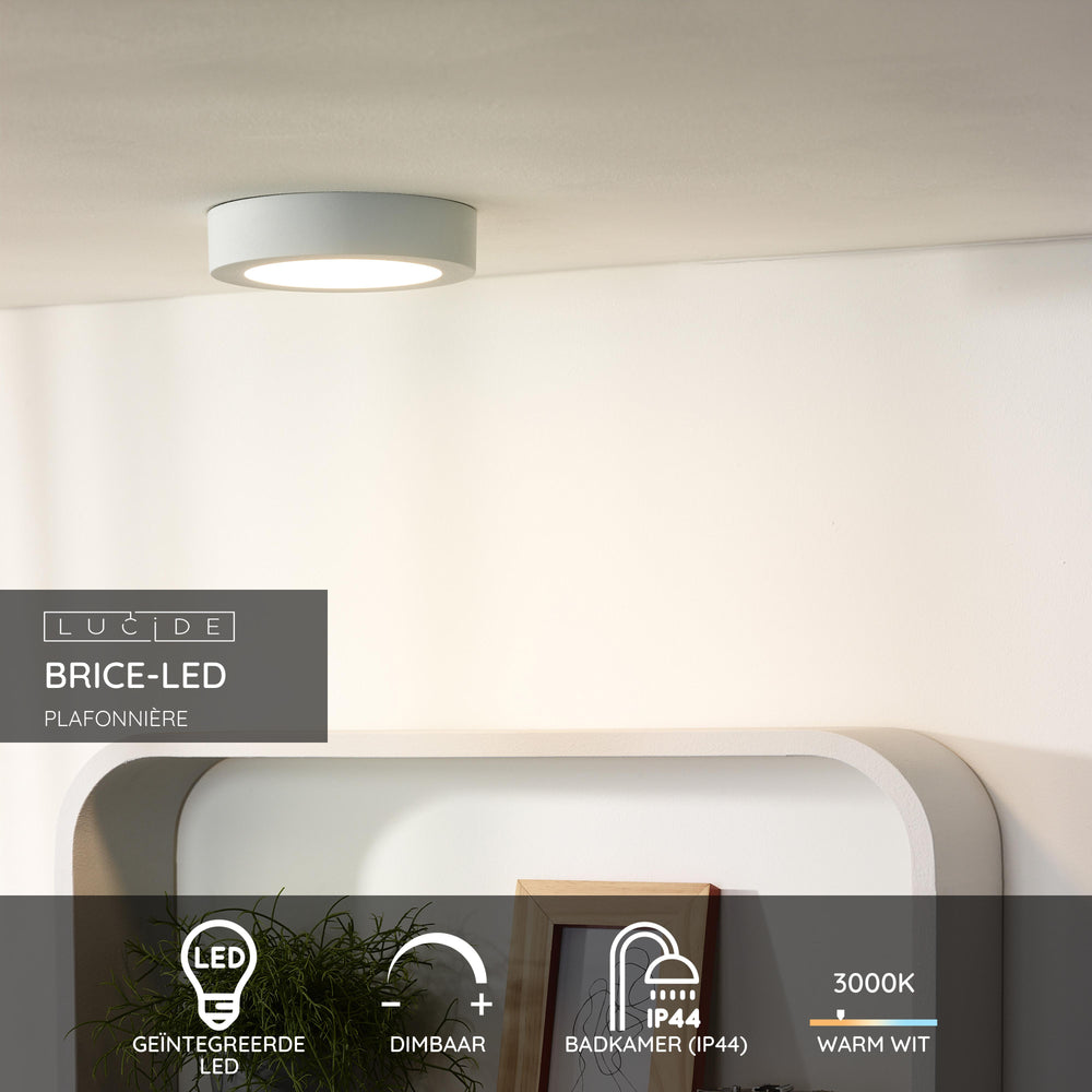 Lucide BRICE LED badrumstaklampa, rund 18cm, dimbar 12W 3000K, IP44 Vit