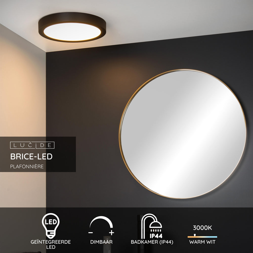 Lucide BRICE LED taklampa, 30W 3000K dimbar, IP44 rund 30cm, Matt Svart, modern badrumsbelysning