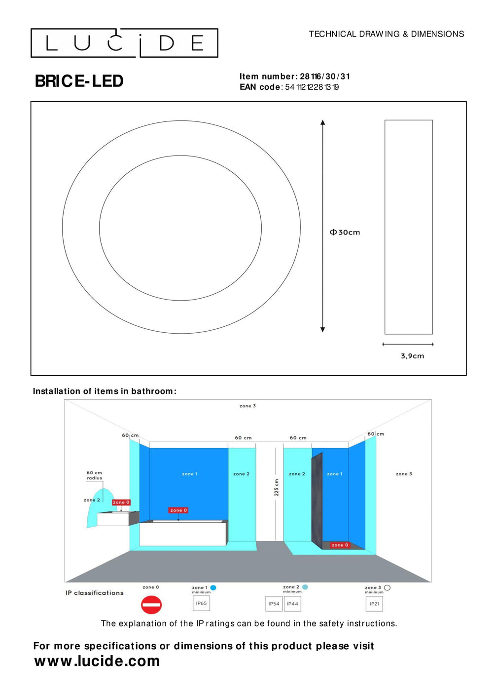 Lucide BRICE LED badrumstaklampa, dimbar 30W 3000K, rund 300mm, IP44, vit finish