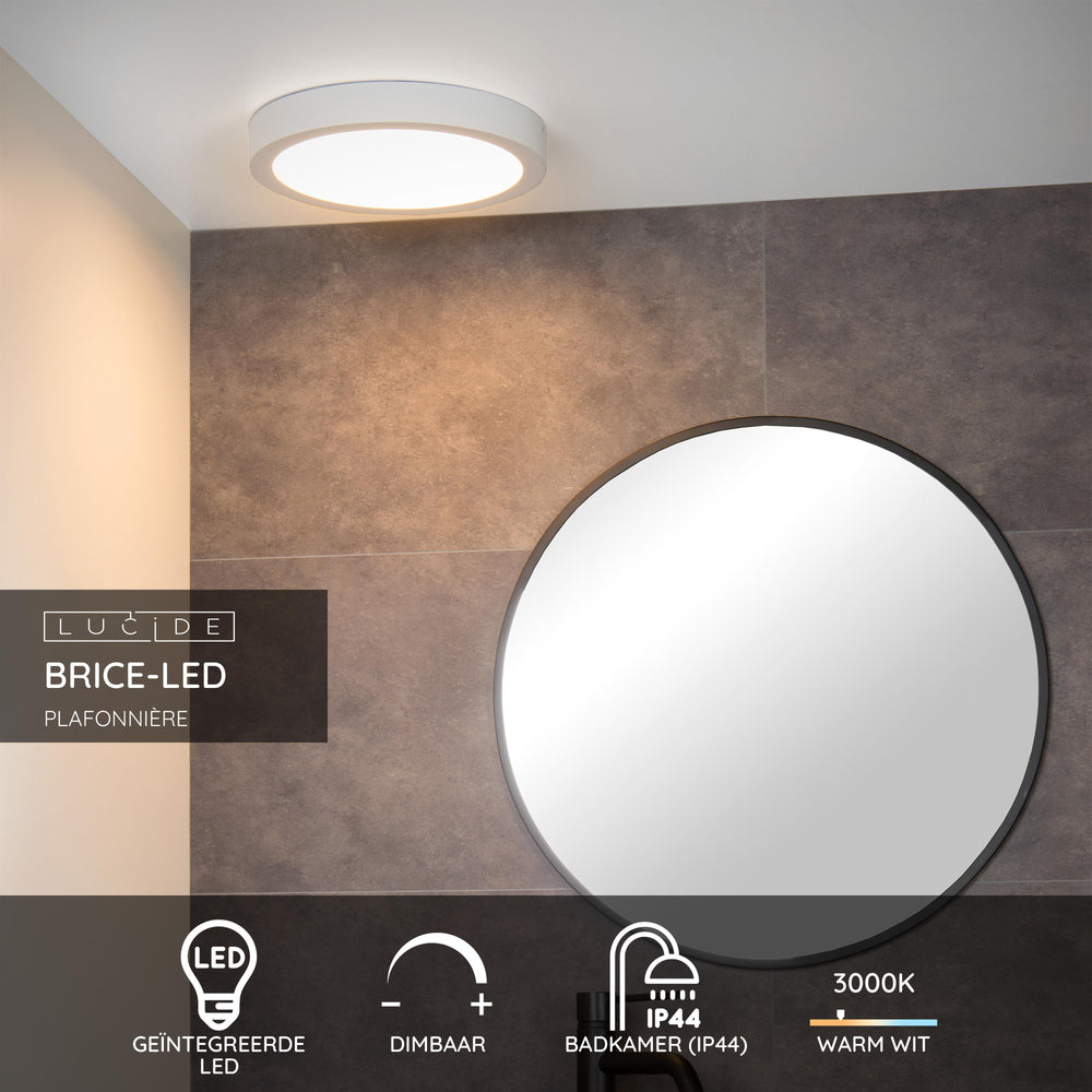 Lucide BRICE LED badrumstaklampa, dimbar 30W 3000K, rund 300mm, IP44, vit finish