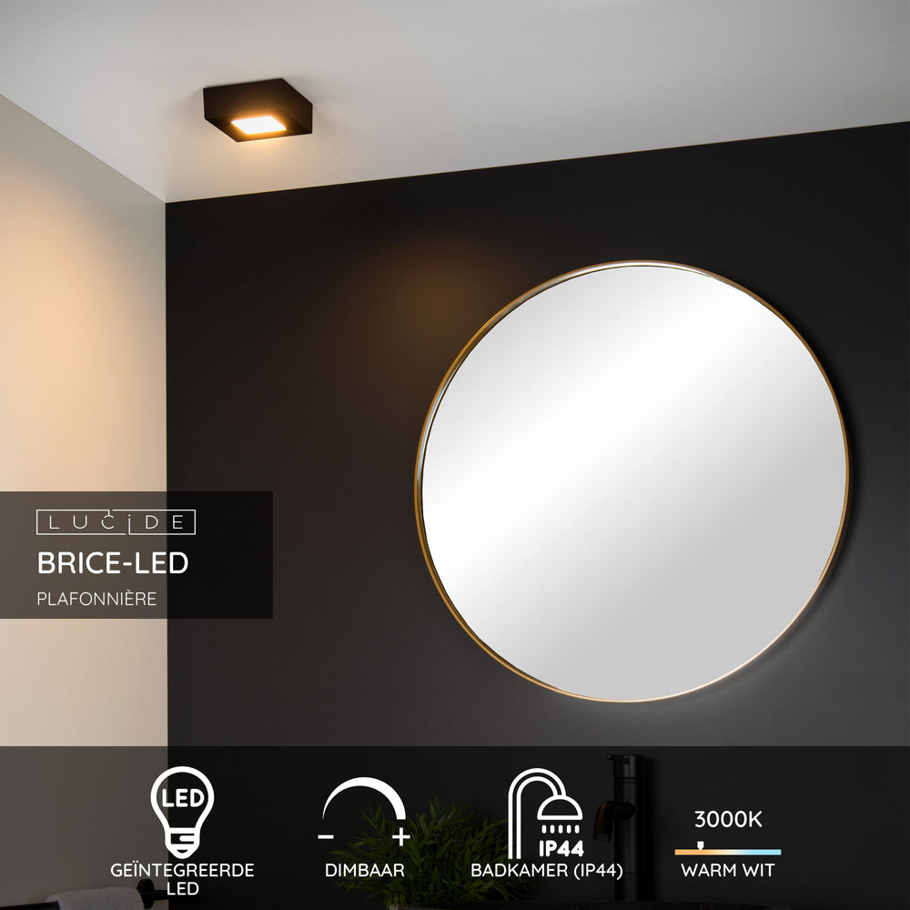 Lucide BRICE LED taklampa för badrum, dimbar 8W 3000K, IP44, fyrkantig svart finish
