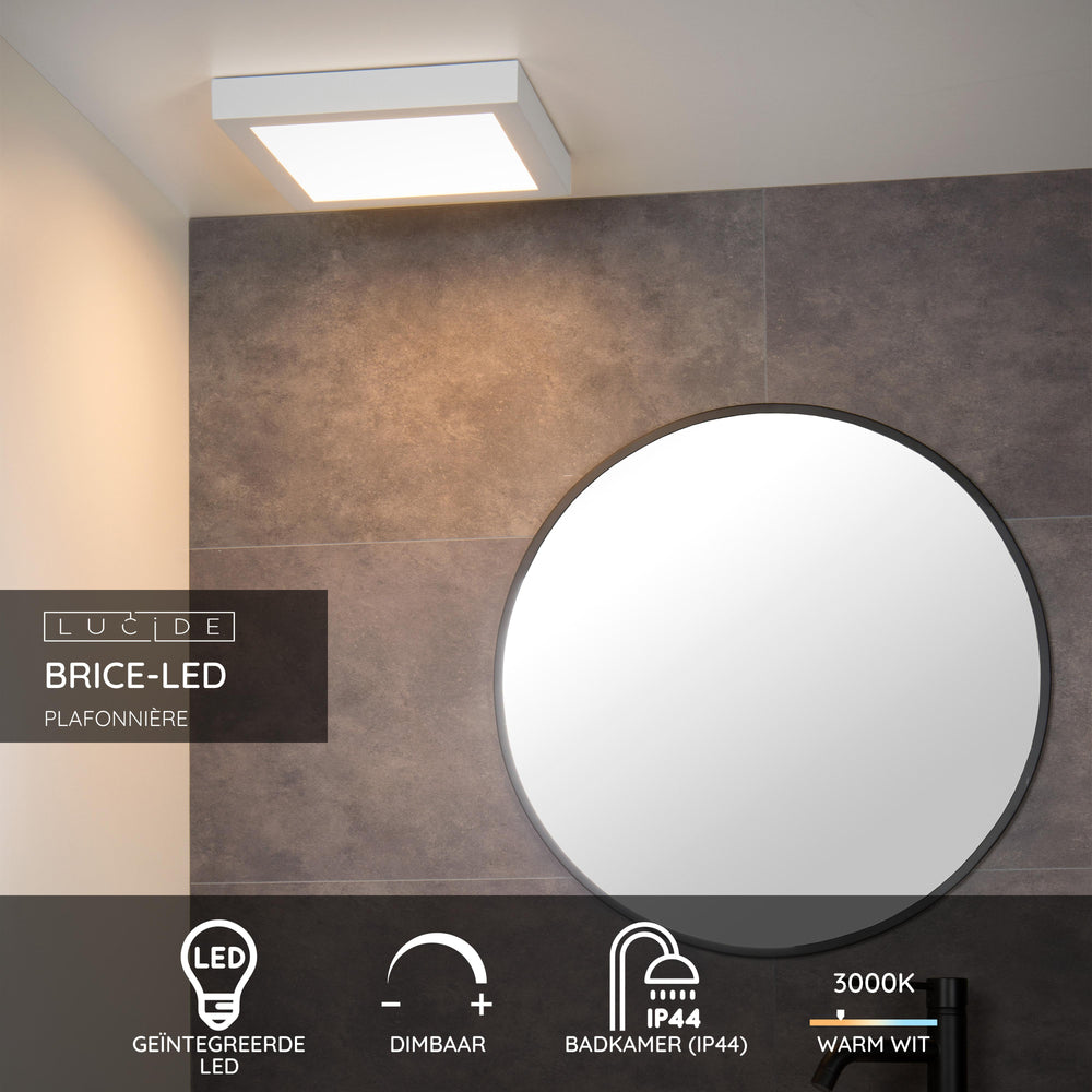 Lucide BRICE LED badrumstaklampa, dimbar 30W 3000K, IP44, Vit, modern fyrkantig design