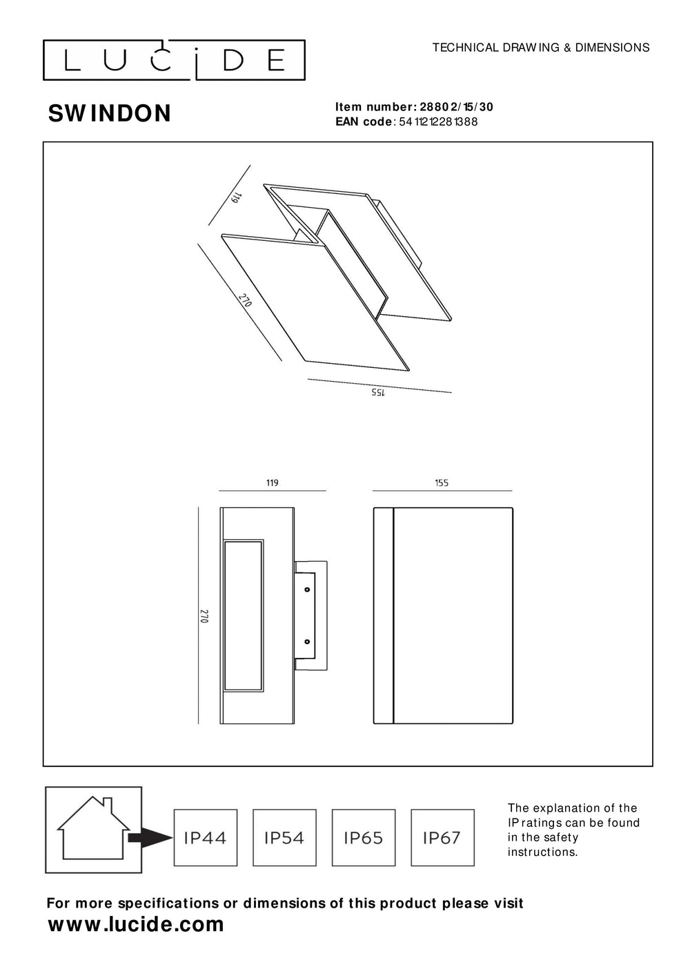 Lucide SWINDON LED vägglampa 16W 2700K IP54 Svart utomhus inomhus aluminium modern design