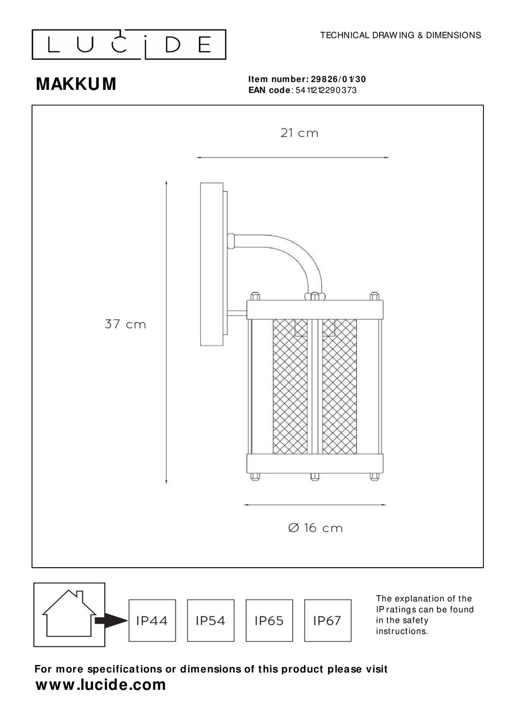 Lucide Makkum vägglampa, 1xE27, IP23 utomhus inomhuslampa, Matt Svart metall, 220-240V, 60W max