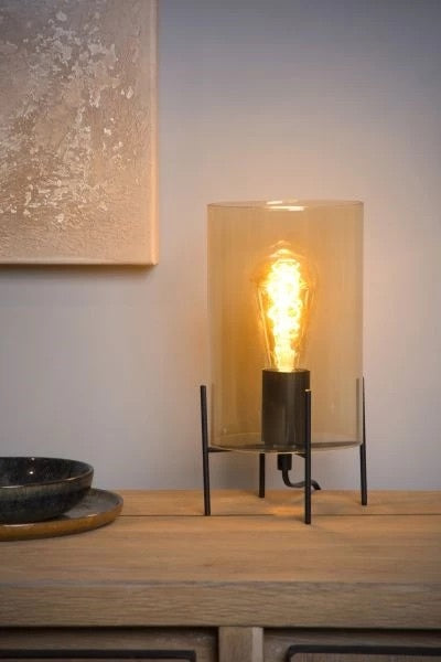 Lucide STEFFIE bordslampa Ø15cm, 1xE27, max 40W, bärnstensfärgat glasskärm, svart metallfot, IP20 inomhusbelysning