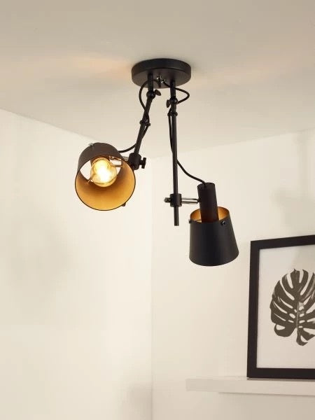Lucide QUINNY takspotlight 2xE27 Svart stål, roterbar och lutbar, IP20 inomhus belysning i industriell stil