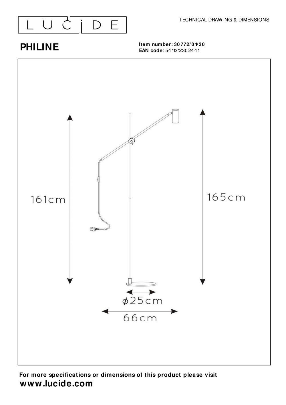 Lucide PHILINE modern floor reading lamp, 1xGU10, LED compatible, height adjustable, Matt Black with Gold head