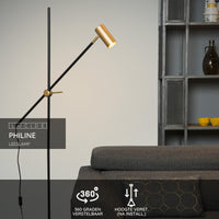 Lucide PHILINE modern floor reading lamp, 1xGU10, LED compatible, height adjustable, Matt Black with Gold head