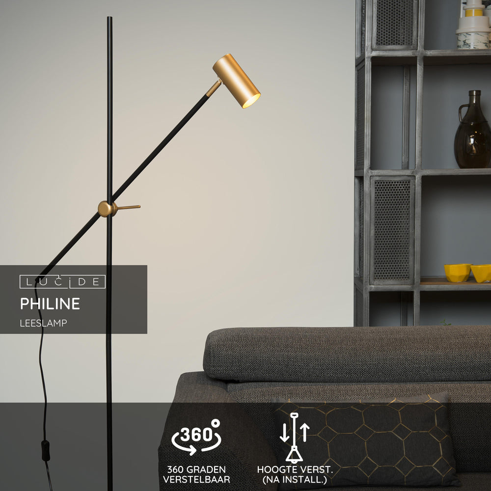 Lucide PHILINE modern floor reading lamp, 1xGU10, LED compatible, height adjustable, Matt Black with Gold head