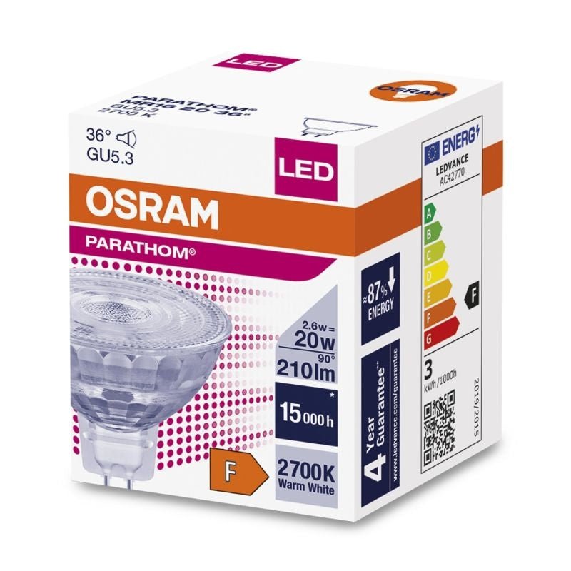 Osram LED spot GU5.3 MR16 2.6W 230 lumens, 3000K, IP20, 36° beam angle