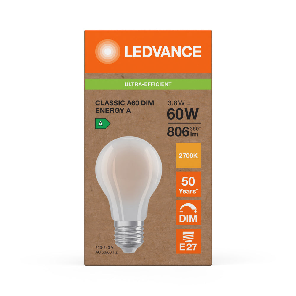 Ledvance LED Classic A60 Frostad E27 Dimbar 3.8W 2700K 806 lumen Varmvit Energiklass A