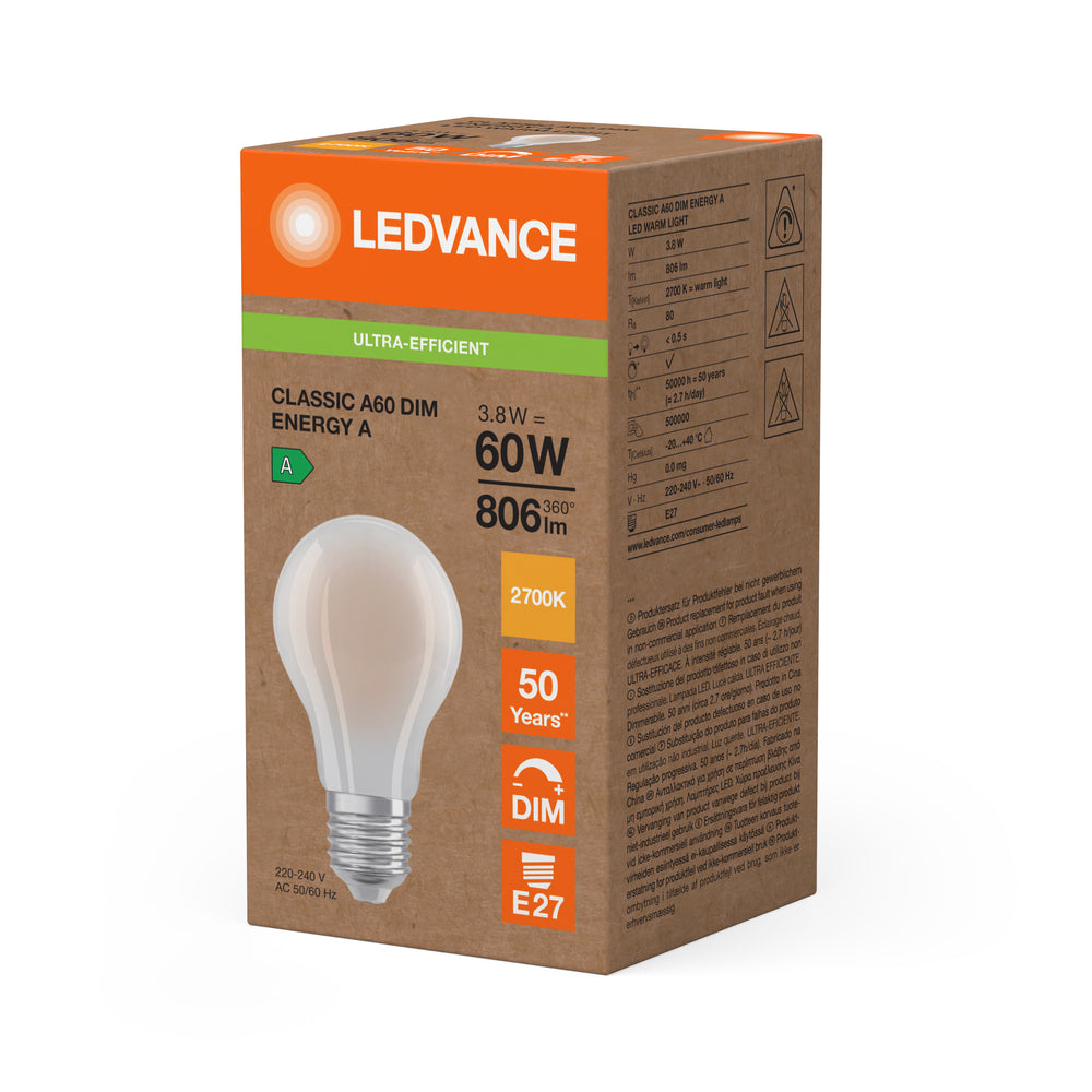Ledvance LED Classic A60 Frostad E27 Dimbar 3.8W 2700K 806 lumen Varmvit Energiklass A