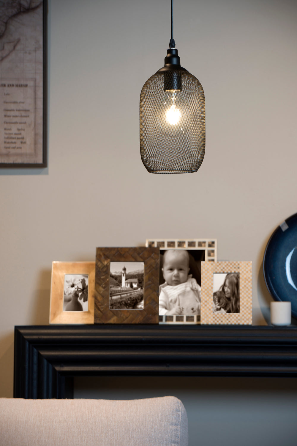 Lucide Mesh hänglampa Svart, rund metallskärm Ø150mm, E27-sockel 60W max, höjdjusterbar, IP20